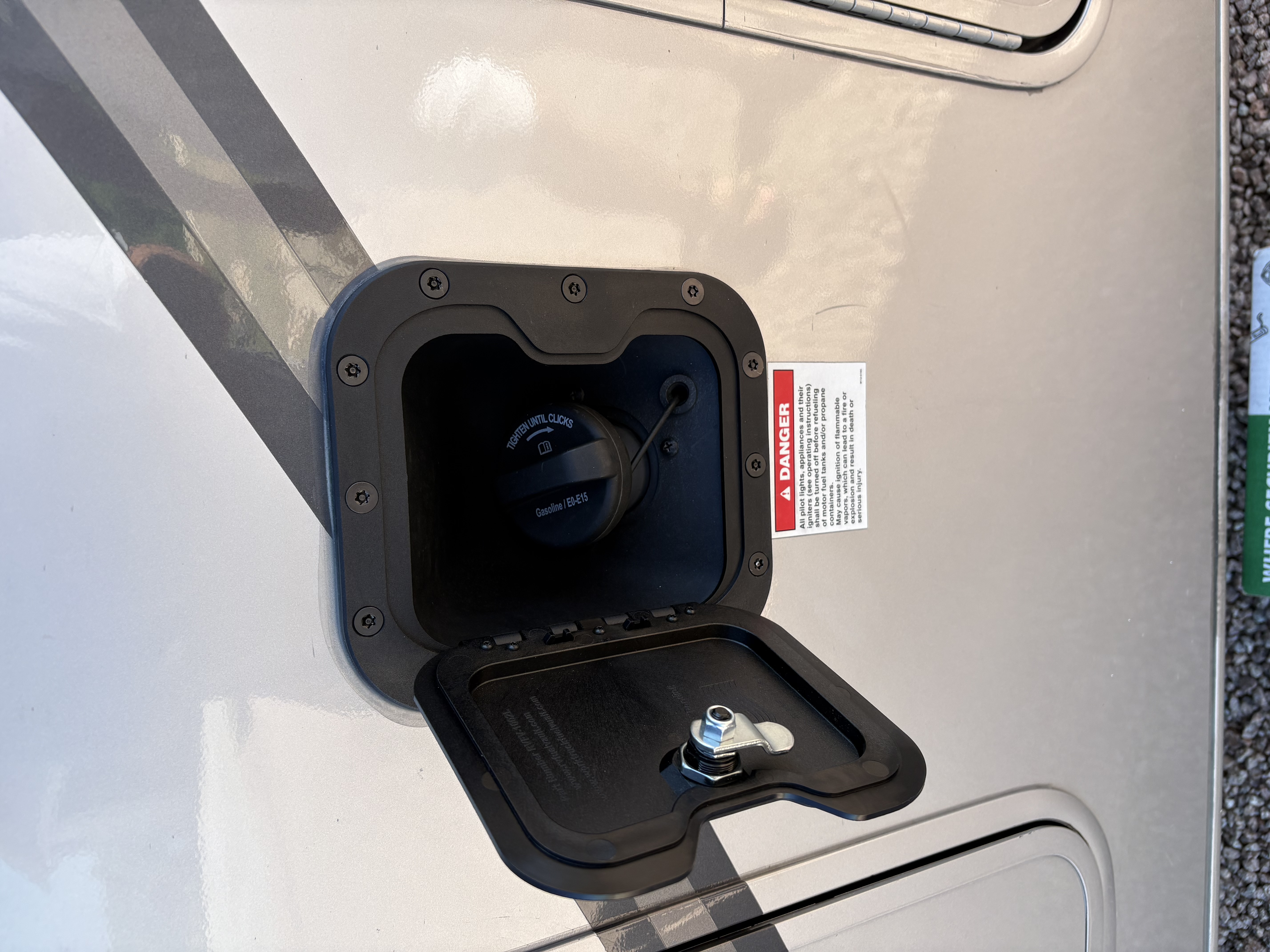 The RV Fuel Vault installed on a 2021 Holiday Rambler Invicta 32RW